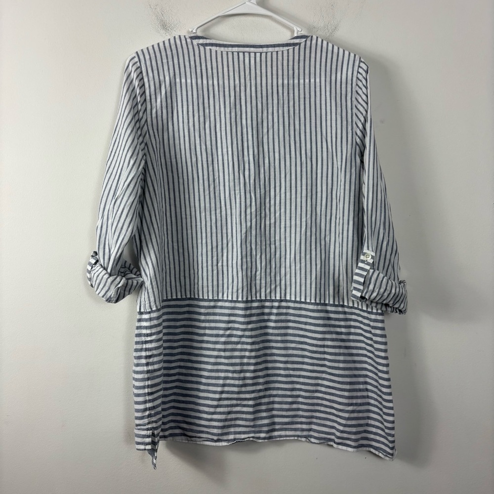 J. Jill Striped Button Up Womens M Mixed Print Roll Tab Sleeve Coastal Beach - Picture 6 of 6